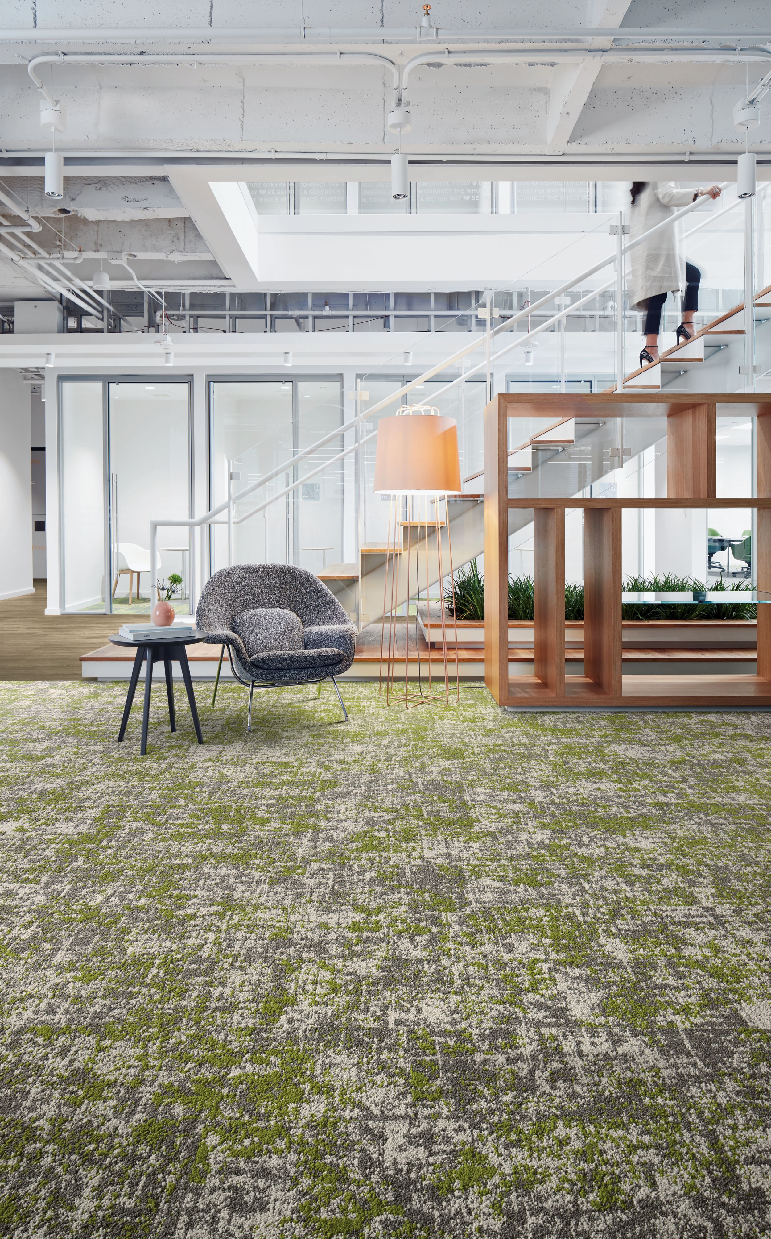 Interface Painted Gesture plank carpet tile and Textured Woodgrains LVT in open room with women walking up stairwell in background imagen número 1